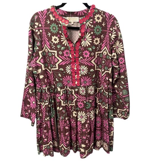 Sheridan French Split Neck Floral Embellished Mini Dress Brown Pink Large - Picture 1 of 6